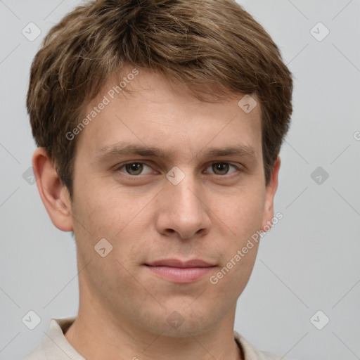 Neutral white young-adult male with short  brown hair and grey eyes