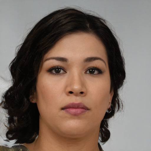Neutral asian young-adult female with medium  brown hair and brown eyes