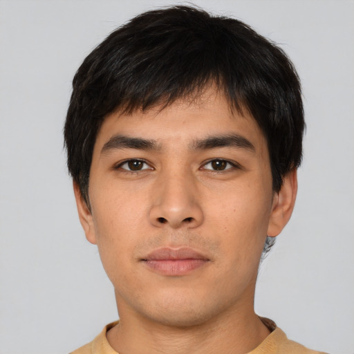 Neutral asian young-adult male with short  black hair and brown eyes