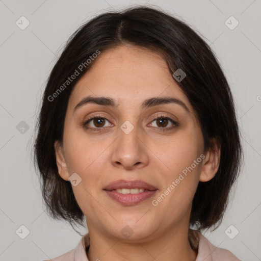 Joyful white young-adult female with medium  brown hair and brown eyes