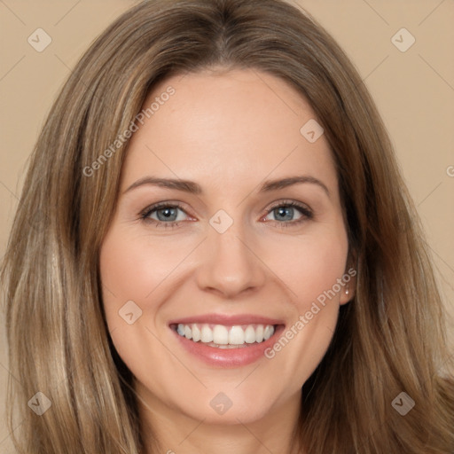 Joyful white young-adult female with long  brown hair and brown eyes