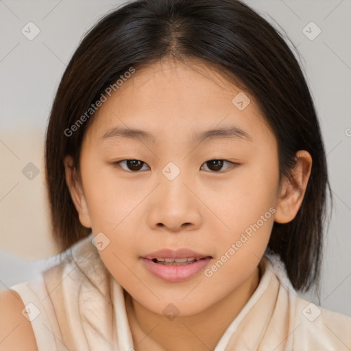 Joyful asian child female with medium  brown hair and brown eyes