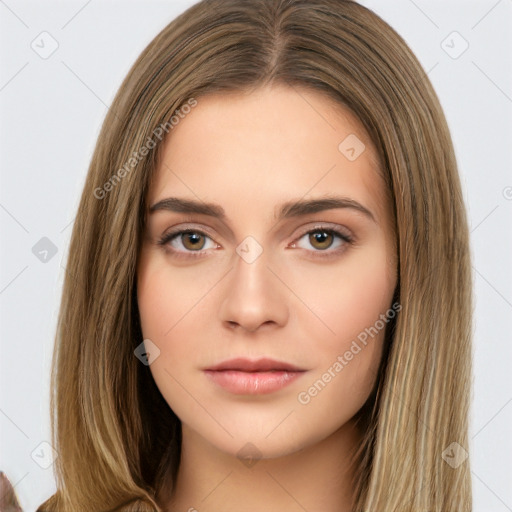 Neutral white young-adult female with long  brown hair and brown eyes