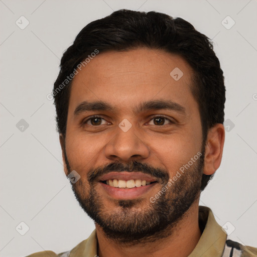 Joyful latino young-adult male with short  black hair and brown eyes