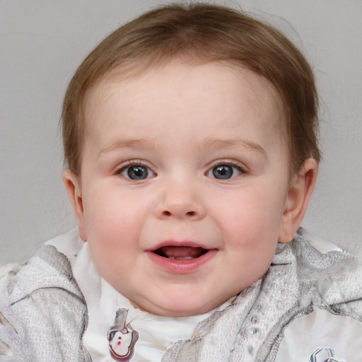 Joyful white child female with medium  brown hair and blue eyes