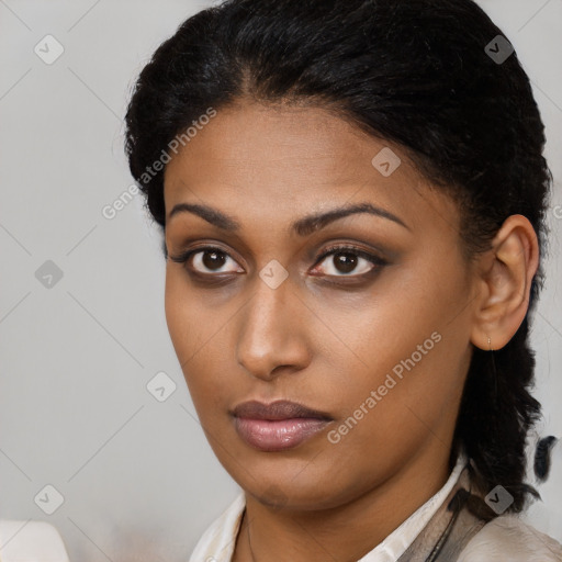 Neutral asian young-adult female with medium  brown hair and brown eyes