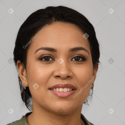 Joyful latino young-adult female with medium  brown hair and brown eyes