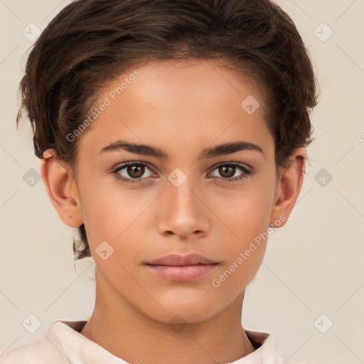 Neutral white young-adult female with short  brown hair and brown eyes