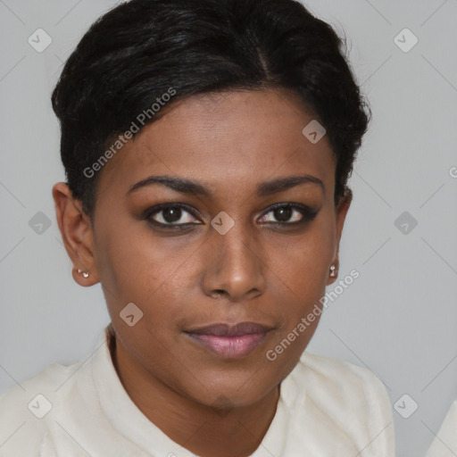 Joyful black young-adult female with short  brown hair and brown eyes