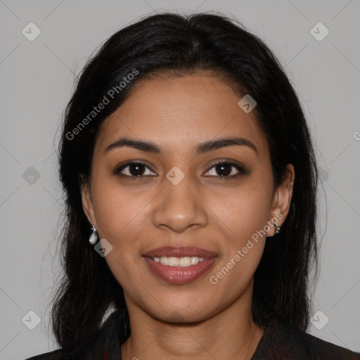 Joyful latino young-adult female with long  brown hair and brown eyes