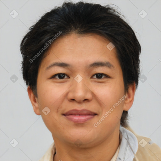 Joyful asian young-adult female with short  brown hair and brown eyes