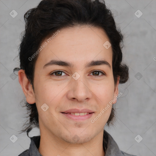 Joyful white young-adult male with medium  brown hair and brown eyes