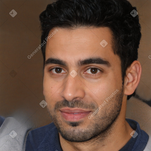 Joyful white young-adult male with short  black hair and brown eyes