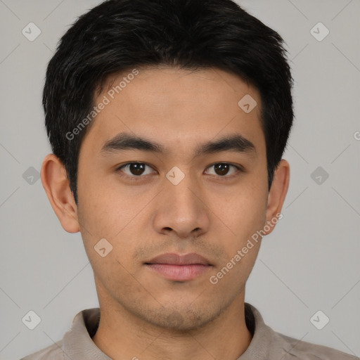 Neutral asian young-adult male with short  black hair and brown eyes