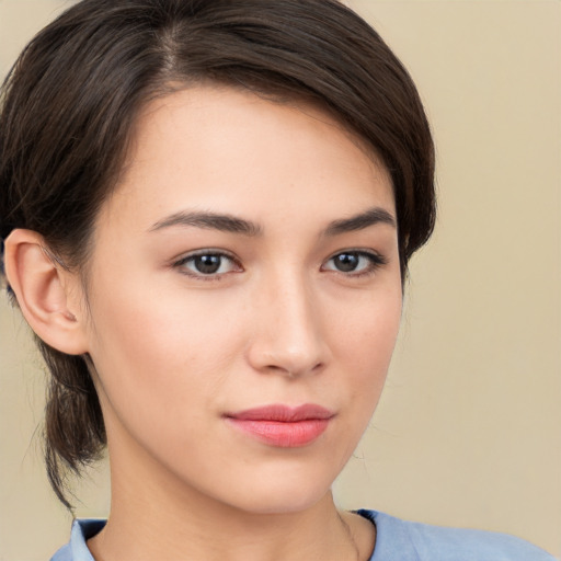 Neutral white young-adult female with medium  brown hair and brown eyes