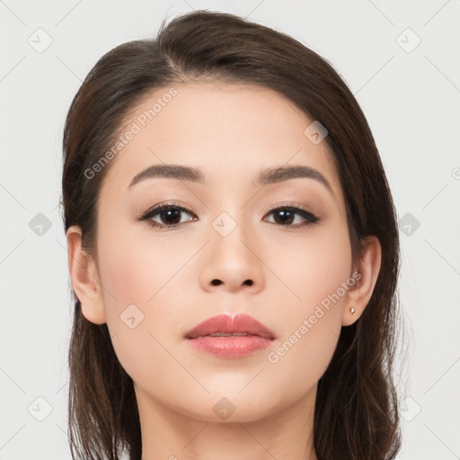 Neutral asian young-adult female with long  brown hair and brown eyes