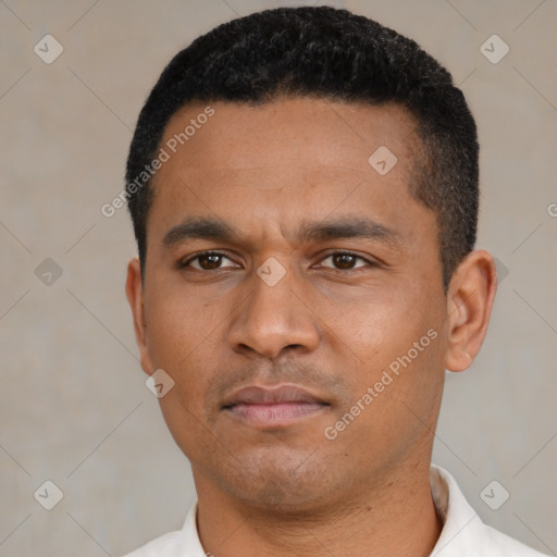Neutral latino young-adult male with short  black hair and brown eyes
