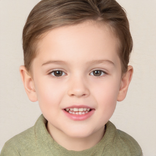 Joyful white child female with short  brown hair and brown eyes