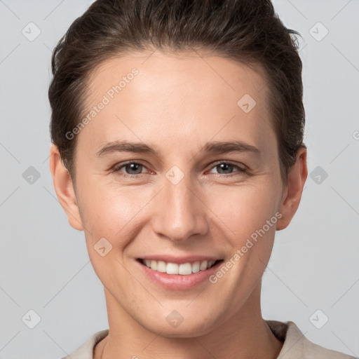 Joyful white young-adult female with short  brown hair and brown eyes