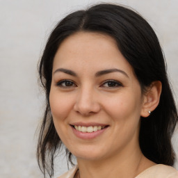 Joyful asian young-adult female with medium  brown hair and brown eyes