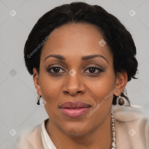 Joyful latino young-adult female with short  brown hair and brown eyes