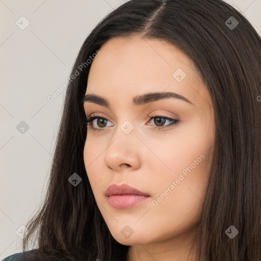 Neutral white young-adult female with long  brown hair and brown eyes