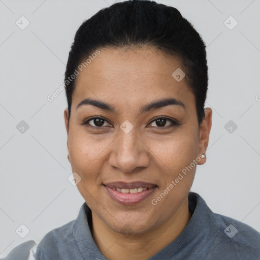 Joyful latino young-adult female with short  black hair and brown eyes