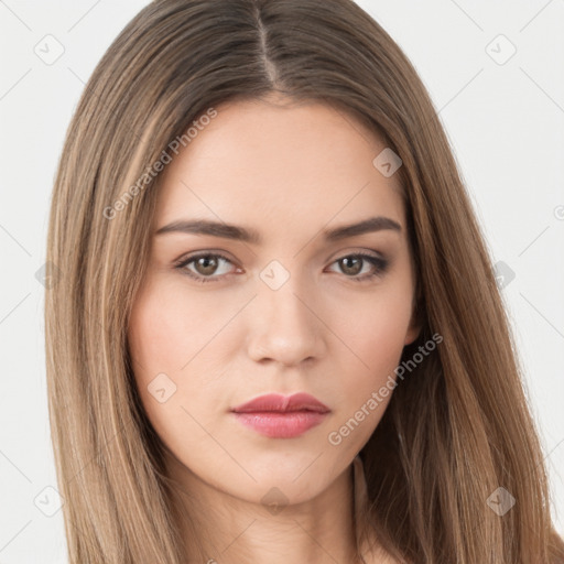 Neutral white young-adult female with long  brown hair and brown eyes