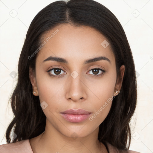 Neutral latino young-adult female with long  brown hair and brown eyes