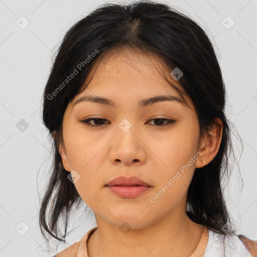 Neutral asian young-adult female with medium  black hair and brown eyes