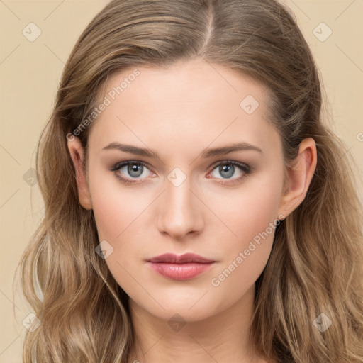 Neutral white young-adult female with long  brown hair and grey eyes