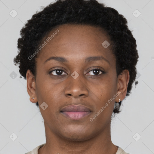 Neutral black young-adult female with short  brown hair and brown eyes