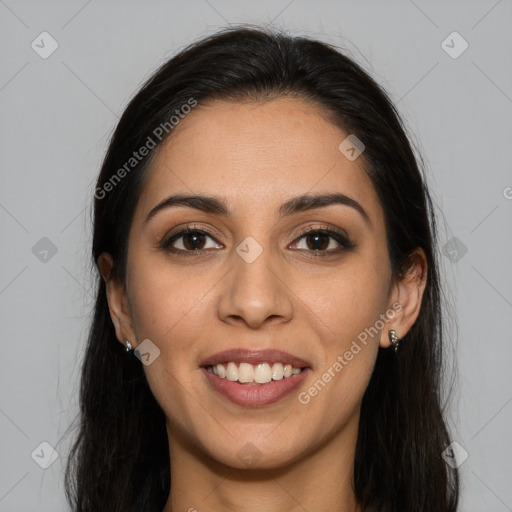 Joyful white young-adult female with long  brown hair and brown eyes