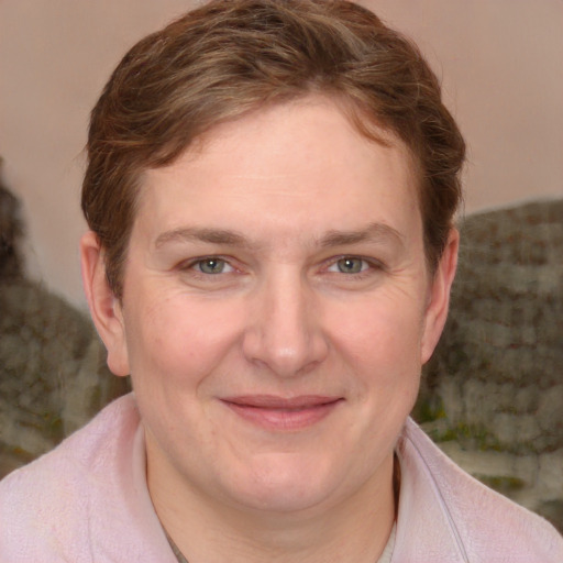 Joyful white adult female with medium  brown hair and blue eyes