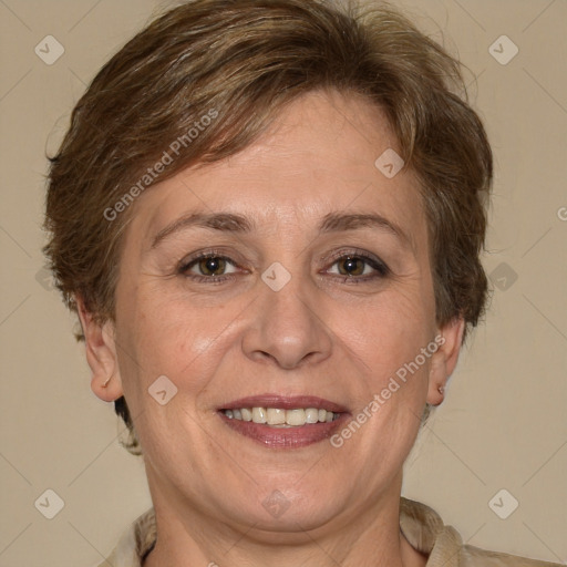 Joyful white adult female with medium  brown hair and brown eyes