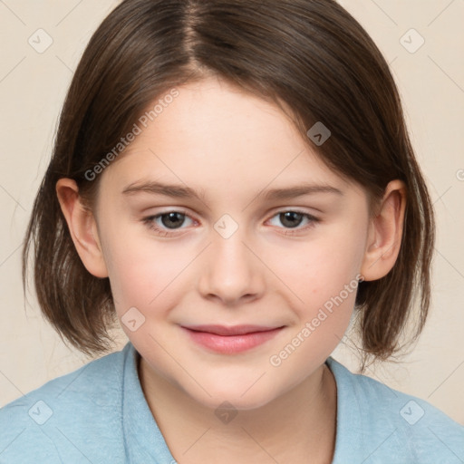 Joyful white child female with medium  brown hair and brown eyes