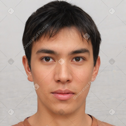 Neutral asian young-adult male with short  brown hair and brown eyes