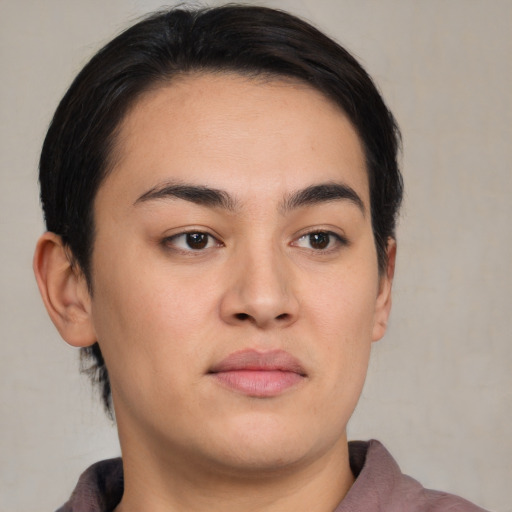 Neutral asian young-adult male with short  brown hair and brown eyes