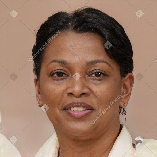 Joyful white adult female with short  brown hair and brown eyes