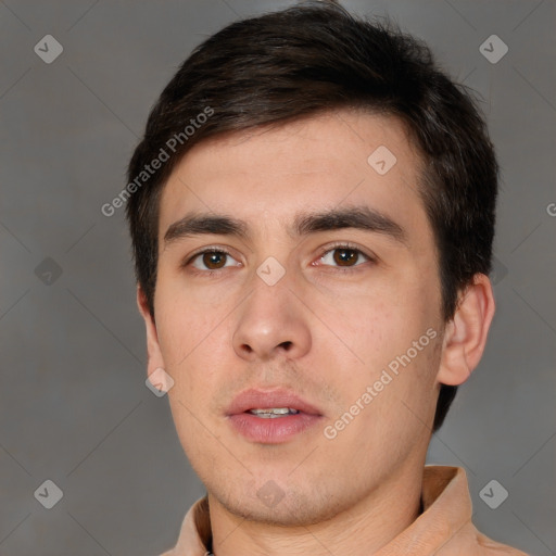 Neutral white young-adult male with short  brown hair and brown eyes