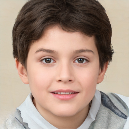 Joyful white child female with short  brown hair and brown eyes