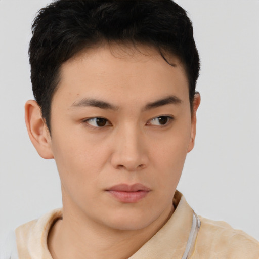 Neutral asian young-adult female with short  brown hair and brown eyes