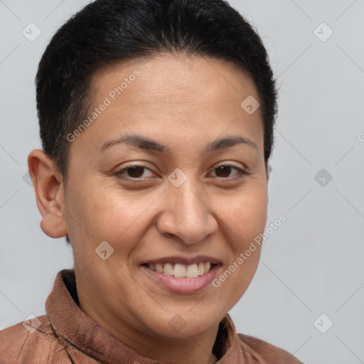 Joyful white adult female with short  brown hair and brown eyes