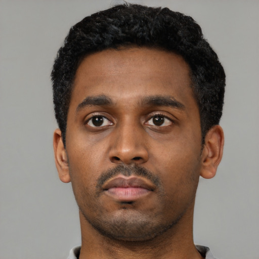 Neutral black young-adult male with short  black hair and brown eyes