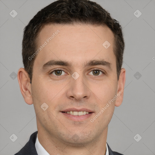 Joyful white young-adult male with short  brown hair and brown eyes