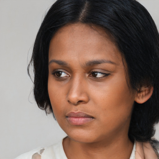 Neutral black young-adult female with medium  black hair and brown eyes