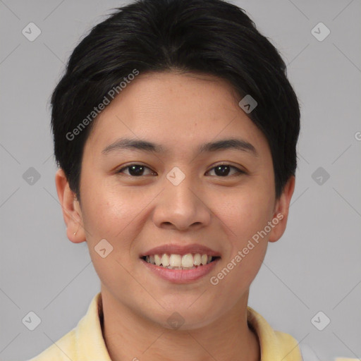 Joyful asian young-adult female with short  brown hair and brown eyes