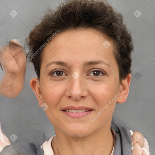 Joyful white adult female with short  brown hair and brown eyes