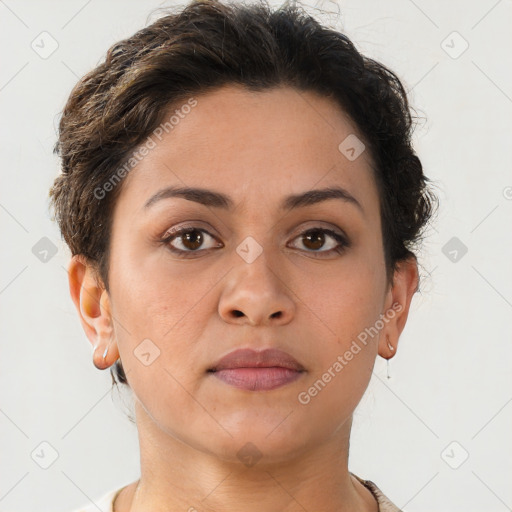 Neutral white young-adult female with short  brown hair and brown eyes