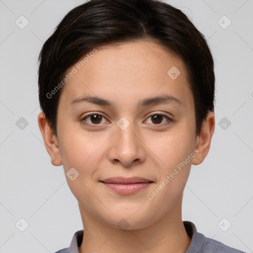 Joyful white young-adult female with short  brown hair and brown eyes